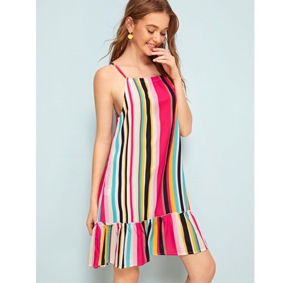 Tropical Colorful Striped Ruffle Ham Cami Dress - Picture 5 of 6